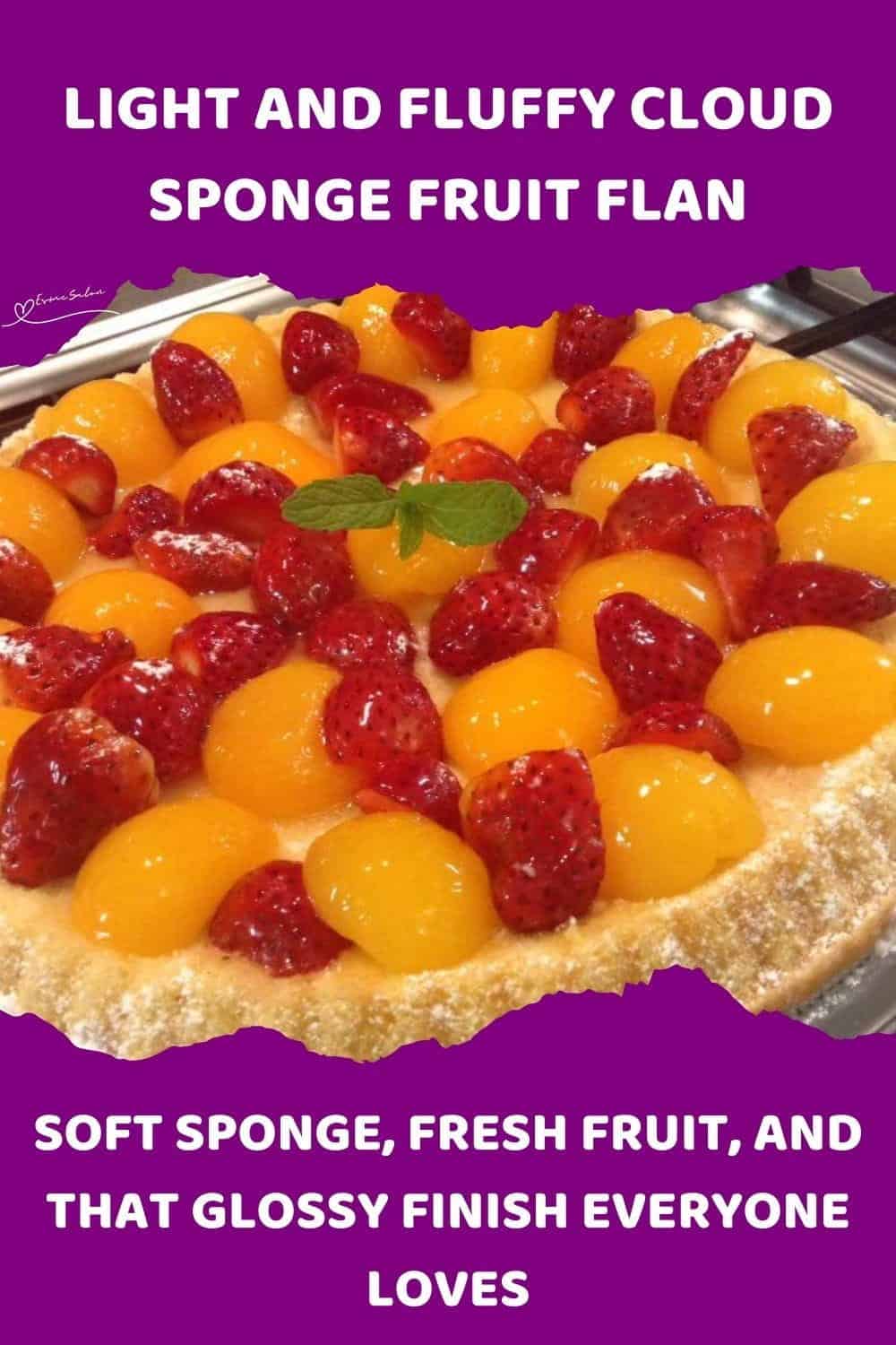 An image of a Cloud Sponge Fruit Flan with peaches and strawberries