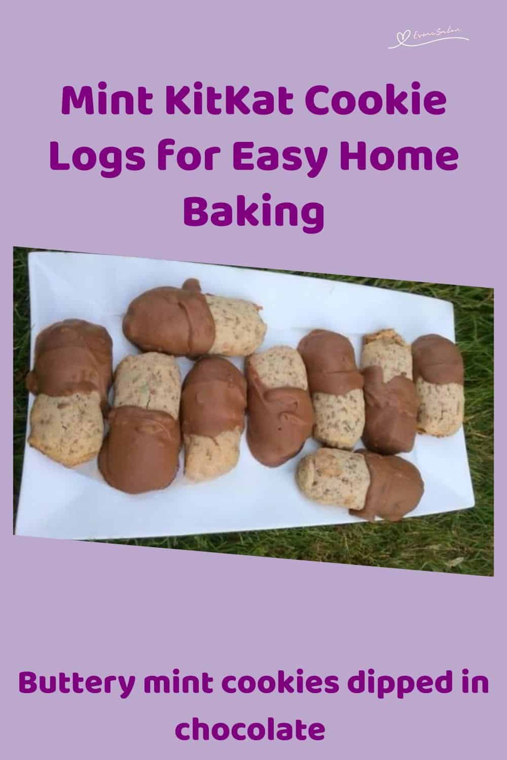 An image of Mint KitKat Cookie Logs dipped in chocolate on a white platter