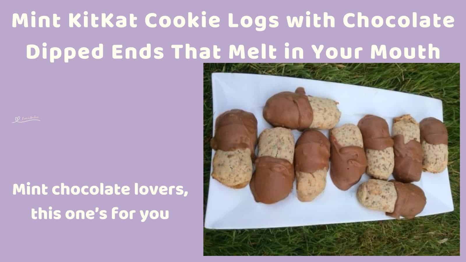 An image of Mint KitKat Cookie Logs dipped in chocolate on a white platter