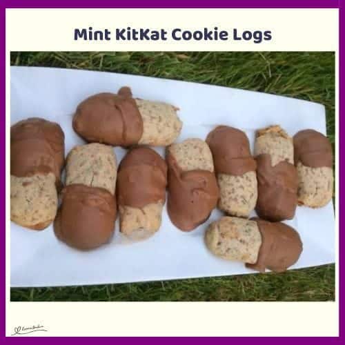 An image of Mint KitKat Cookie Logs dipped in chocolate on a white platter