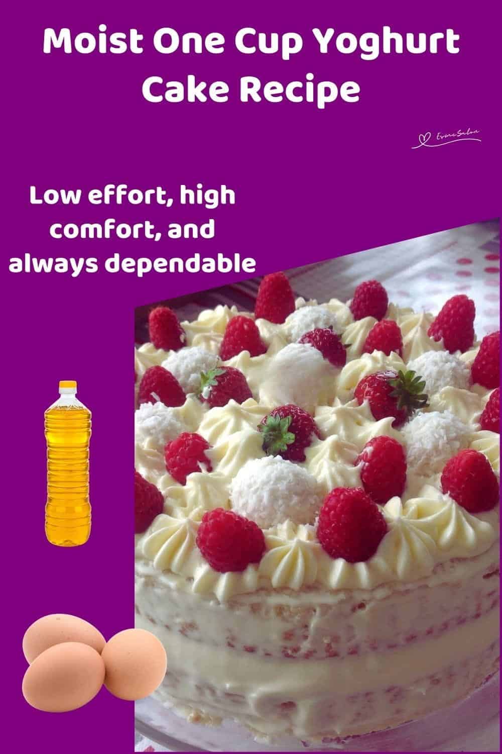 An image of a One Cup Yoghurt Cake covered with whipped cream and decorated with strawberries