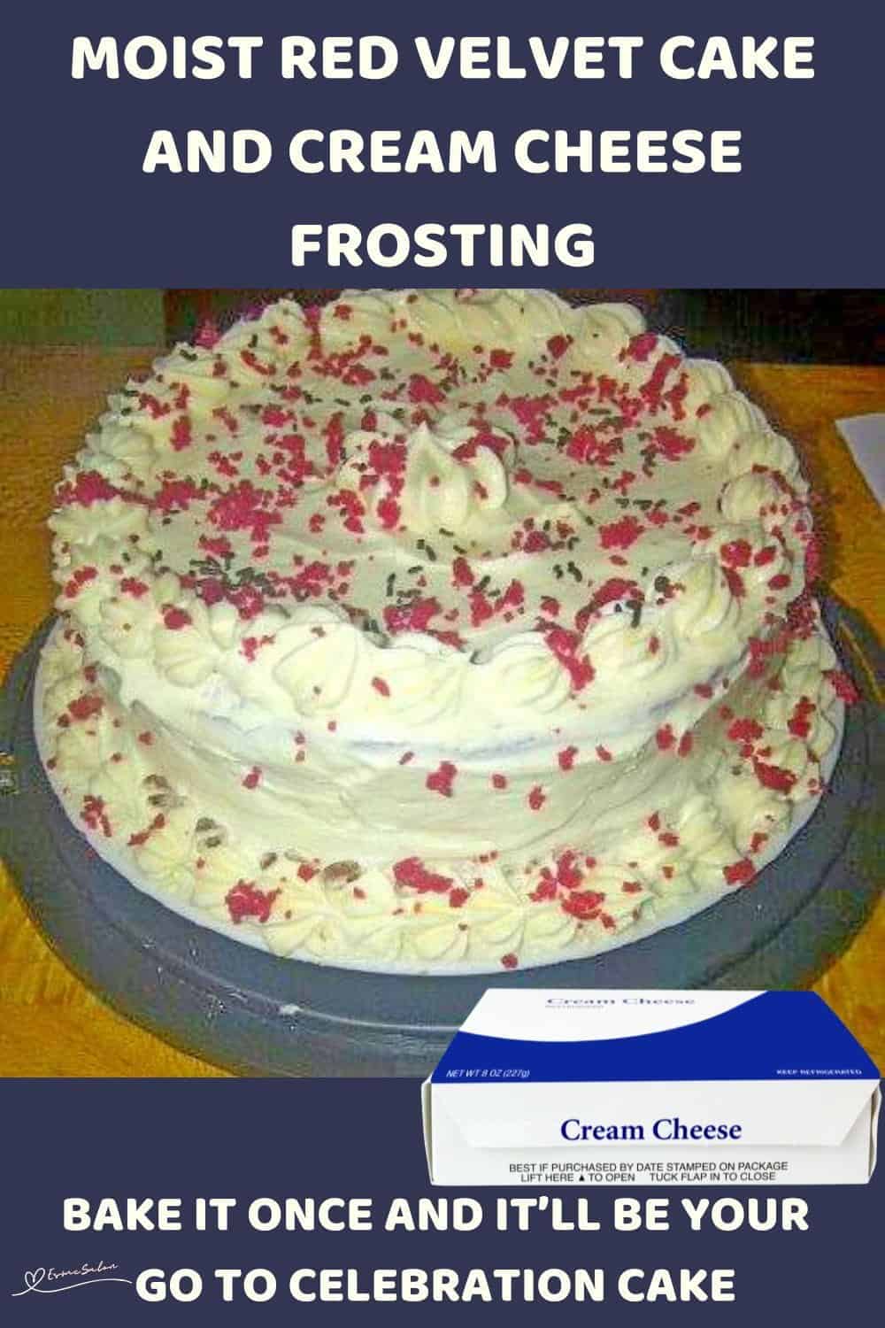 An image of a Red Velvet Cake with Cream Cheese Frosting and Sprinkles
