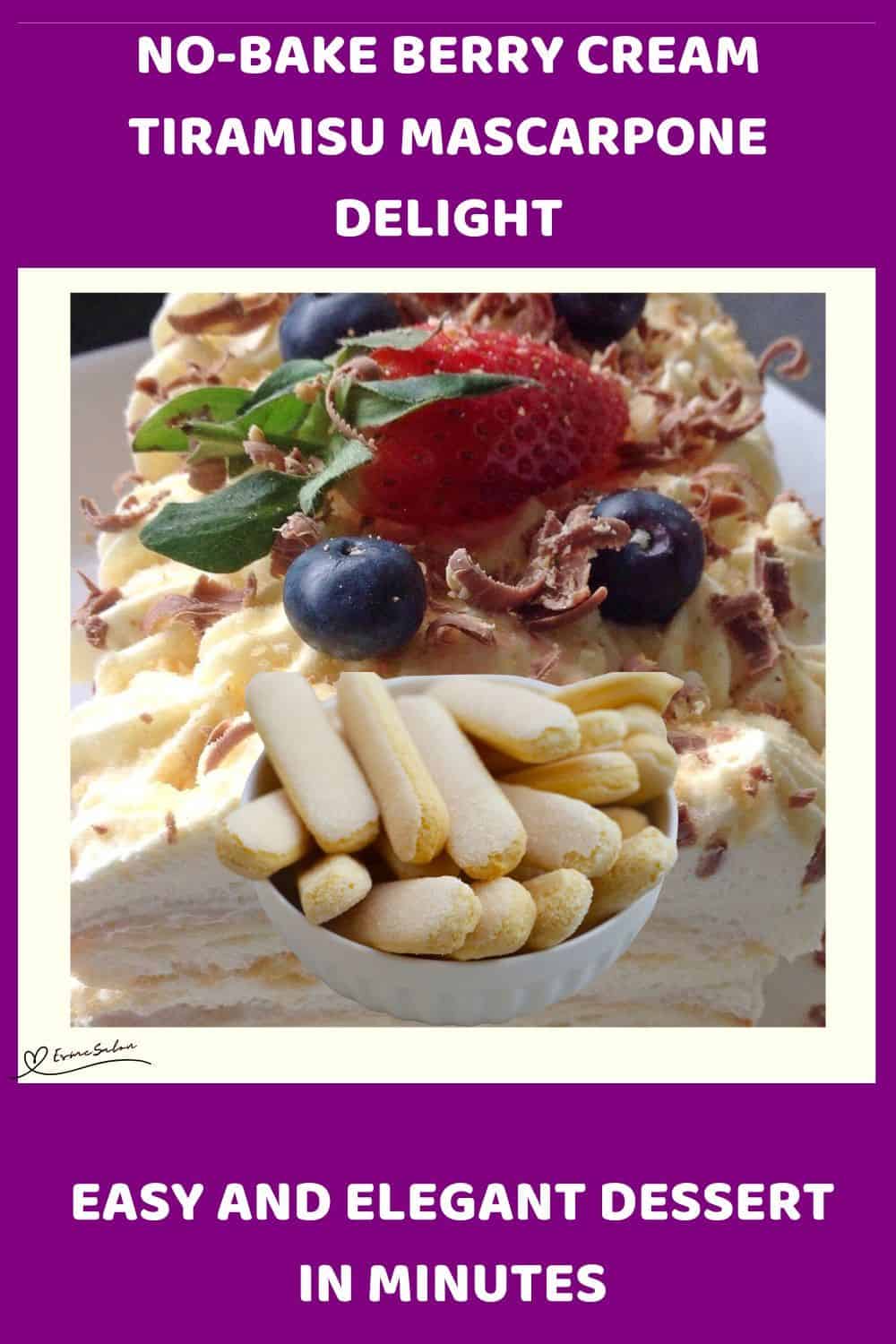 An image of a Berry Cream Tiramisu with boudoir biscuits and topped with blue and strawberries