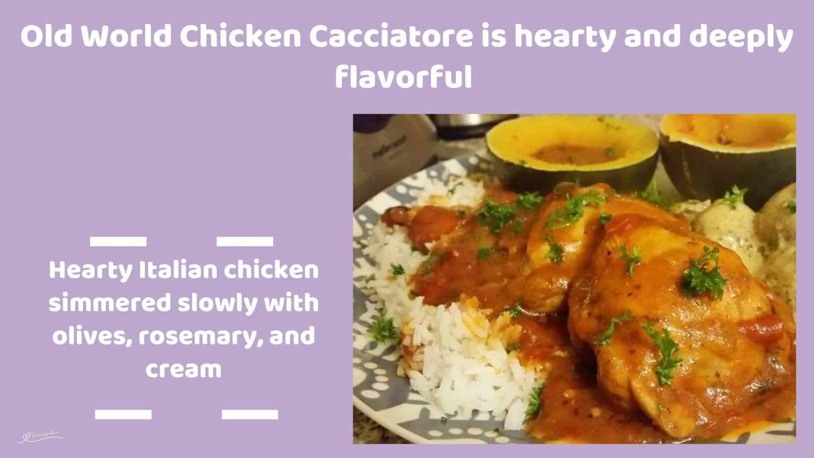 An image of Old World Chicken Cacciatore served with squash on the side and on a bed of rice