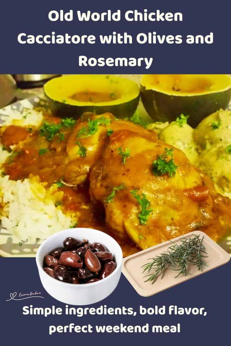 An image of Old World Chicken Cacciatore served with squash on the side and on a bed of rice