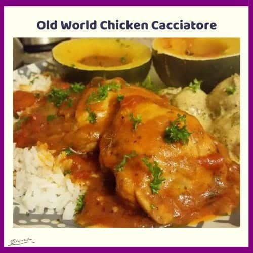 An image of Old World Chicken Cacciatore served with squash on the side and on a bed of rice