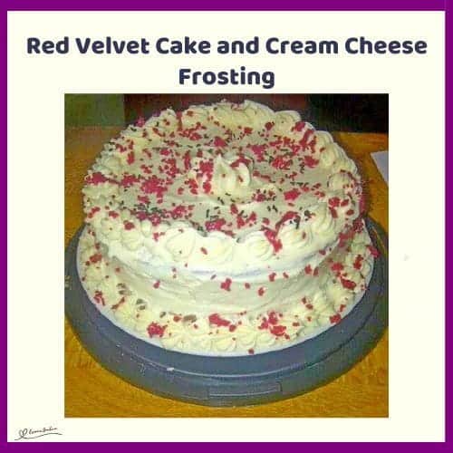 An image of a Red Velvet Cake with Cream Cheese Frosting and Sprinkles