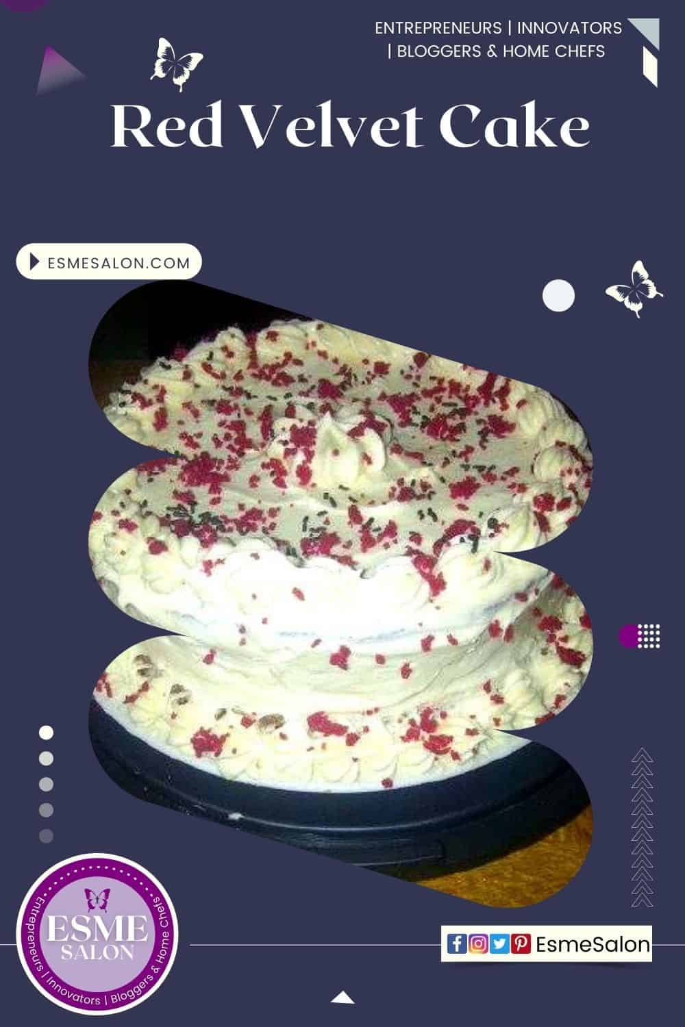 Image of a Red Velvet Cake covered with buttermilk an crushed red velvet cake and chocolate sprinkles as decoration
