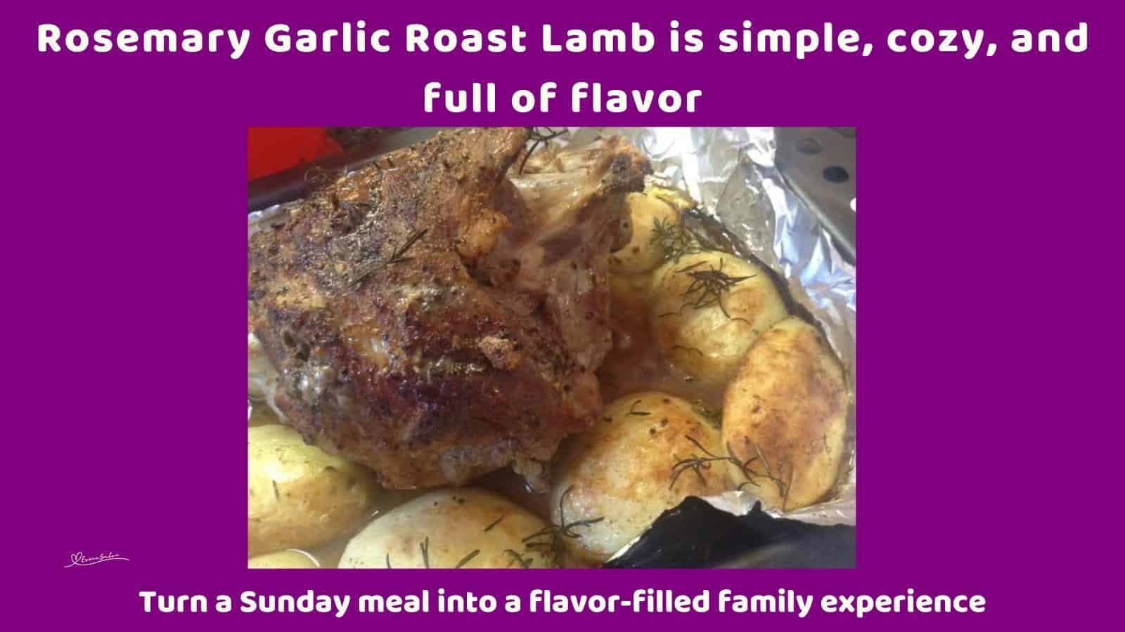 An image of a Rosemary Garlic Roast Lamb with potatoes on the side