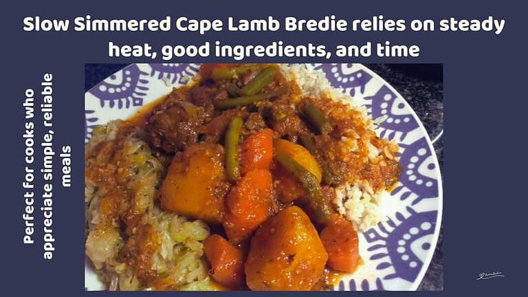 An image of a plate of Slow Simmered Cape Lamb Bredie with root veg