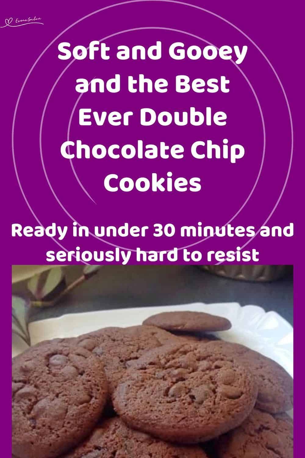 An image of Best Ever Double Chocolate Chip Cookies on a white platter