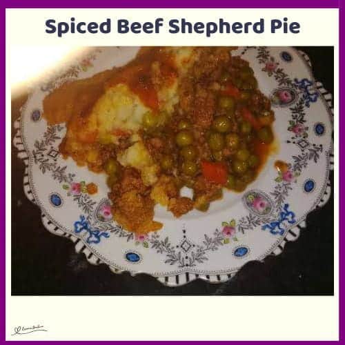 An image of a dish of Spiced Beef Shepherd Pie and also plated