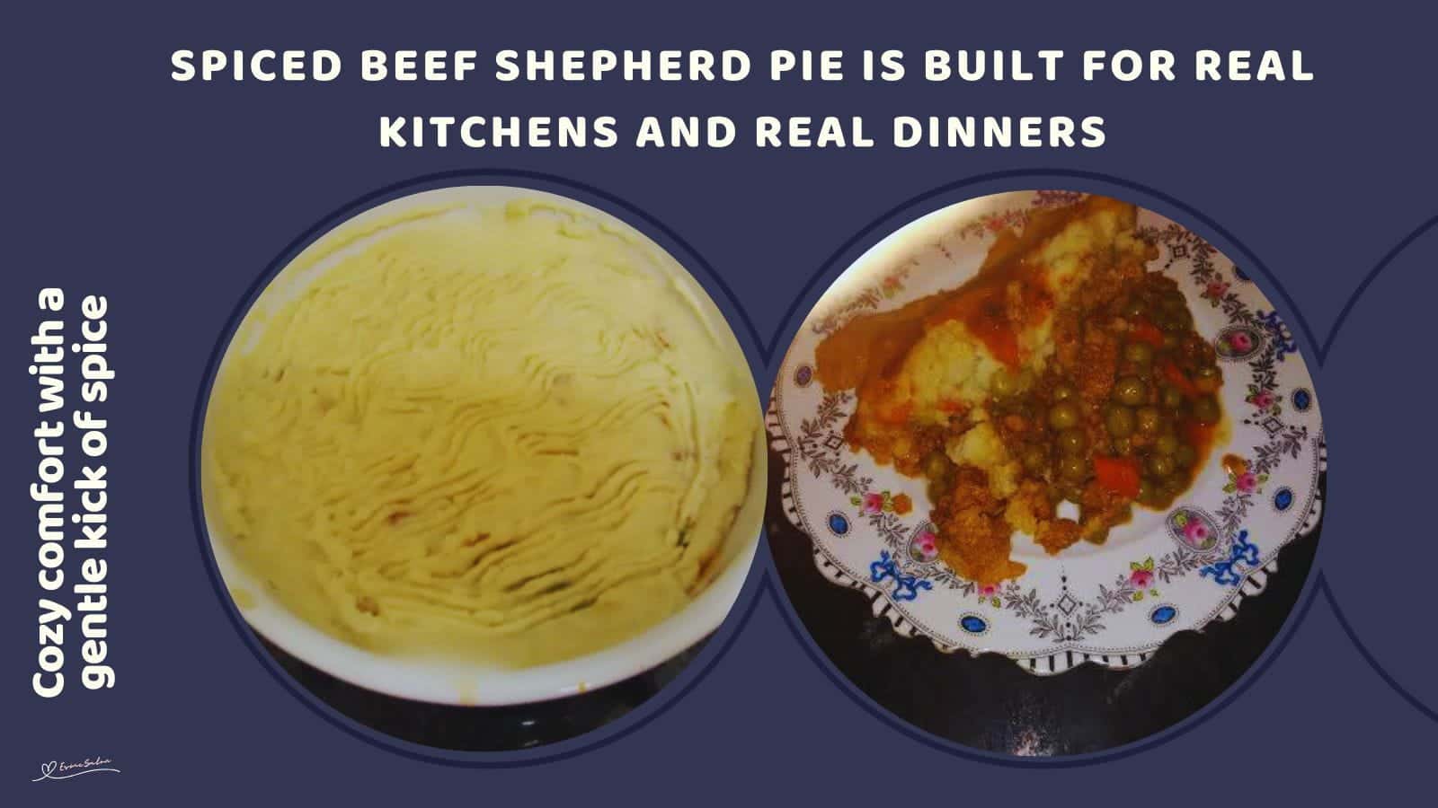 An image of a dish of Spiced Beef Shepherd Pie and also plated