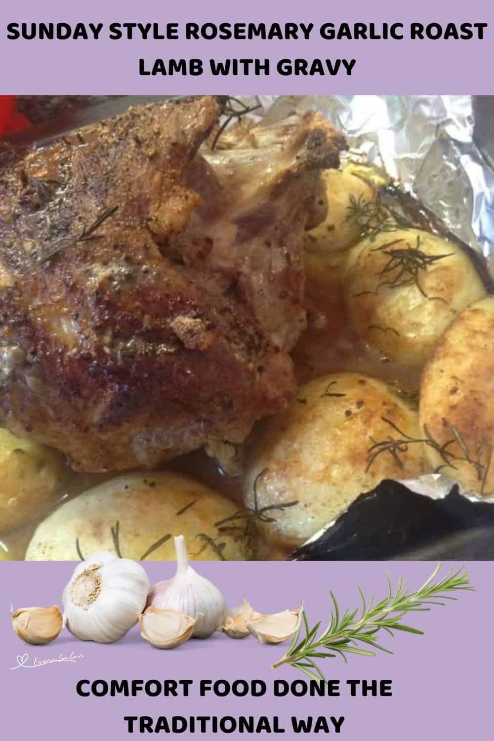 An image of a Rosemary Garlic Roast Lamb with potatoes on the side