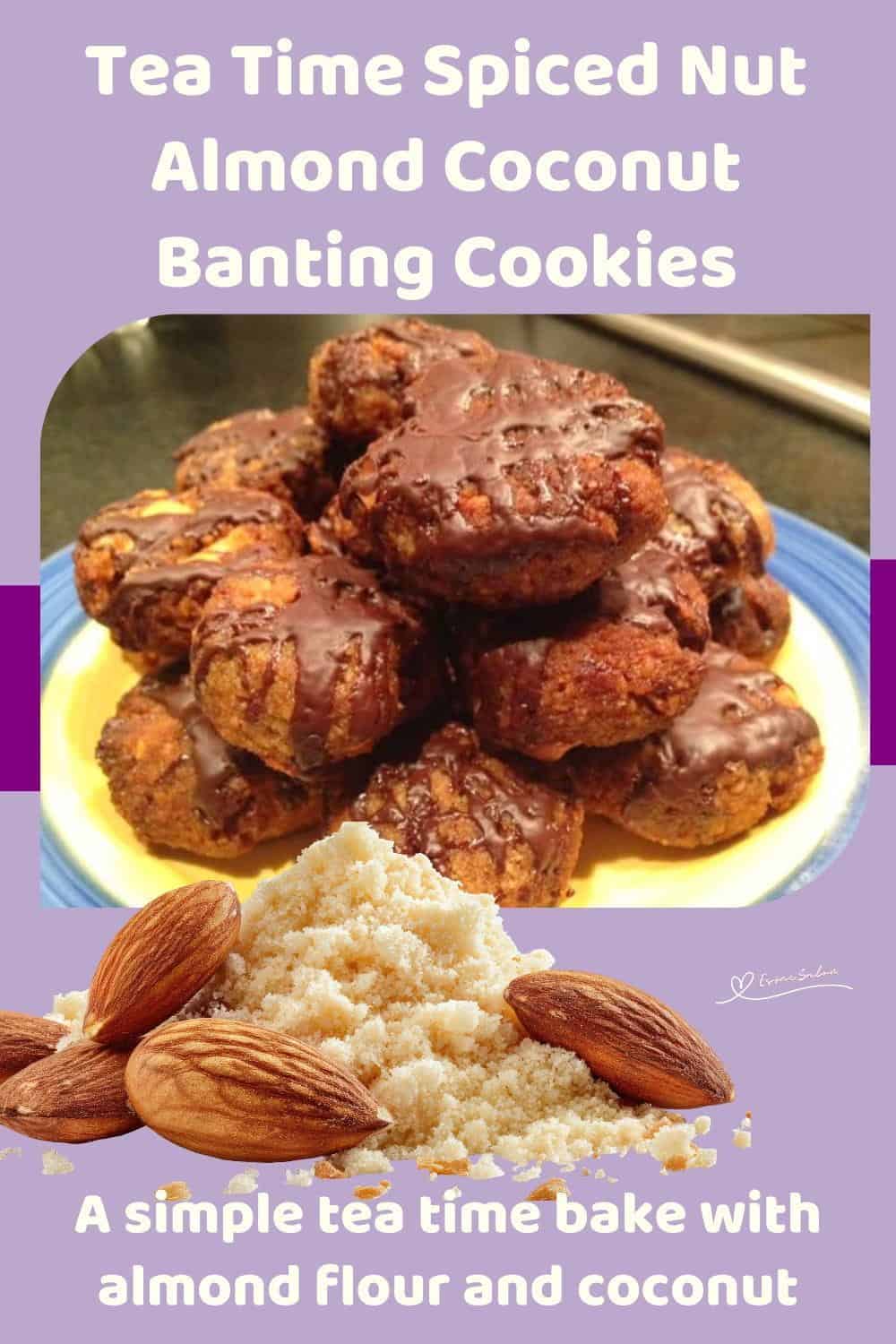 An image of a plate of Almond Coconut Banting Cookies drizzled with chocolate