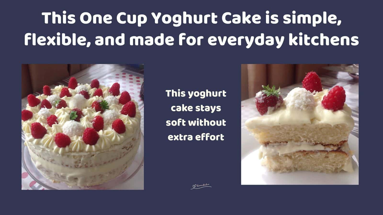 An image of a One Cup Yoghurt Cake covered with whipped cream and decorated with strawberries