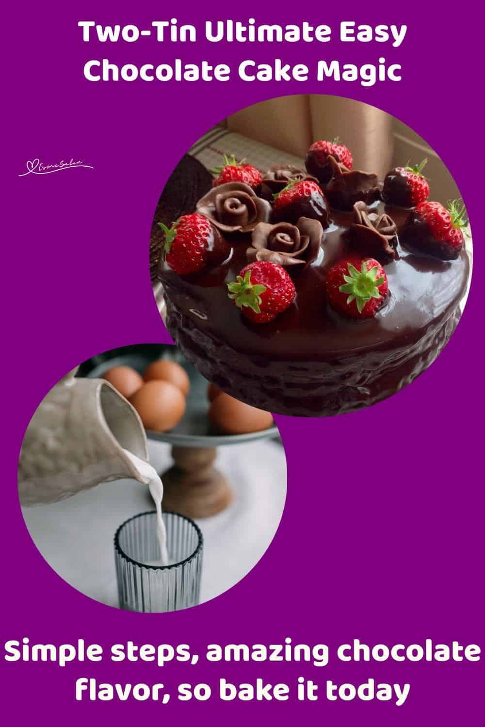 An image of an Easy Chocolate Cake as well as a slice with chocolate icing and decorated with fresh strawberries
