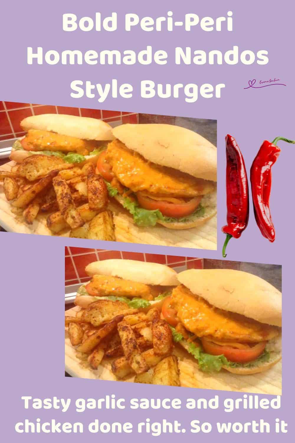 an image of Homemade Nandos Style Burger with potato wedges and sauce