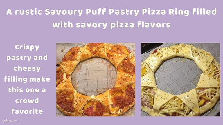 An image of a Savoury Puff Pastry Pizza Ring with salami and soft cottage cheese