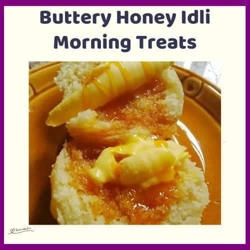 An image of Buttery Honey Idli Morning Treats cut open with honey and a butter curl