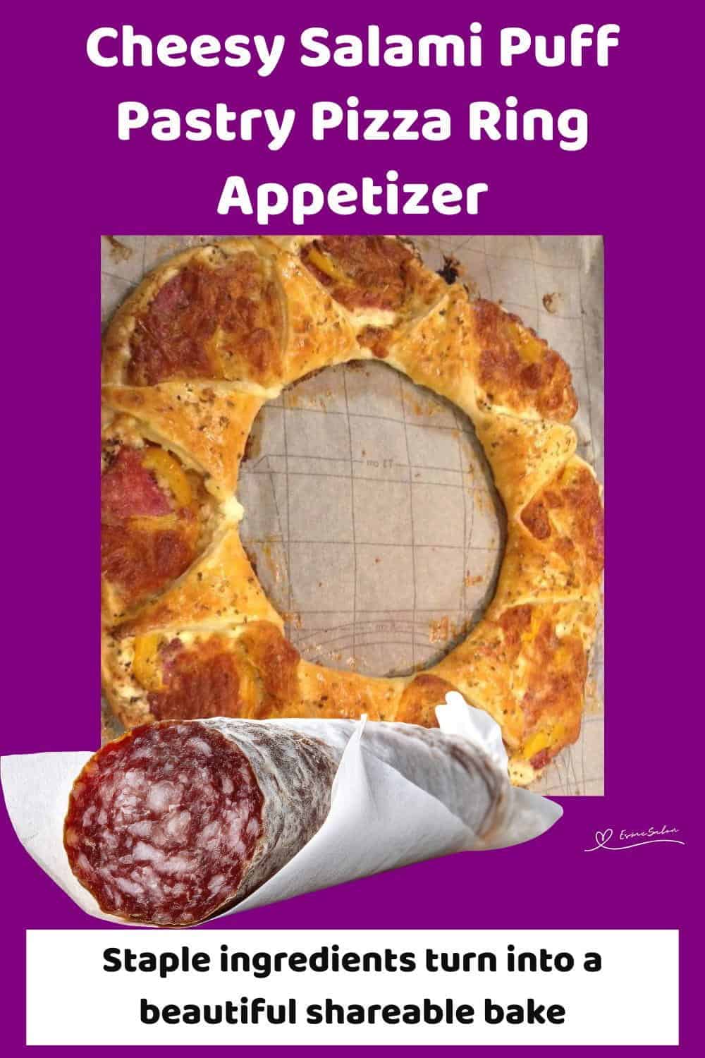 An image of a Savoury Puff Pastry Pizza Ring with salami and soft cottage cheese