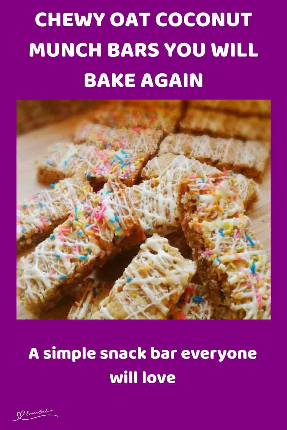 An image of a stack of Oat Coconut Munch Bars drizzled with white chocolate