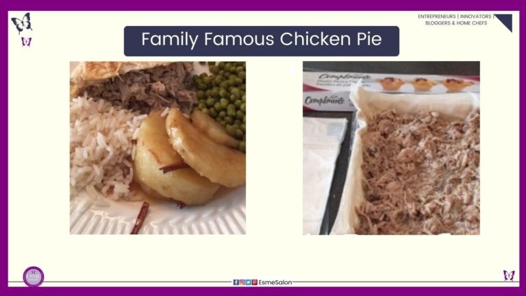 an image of a white plate with rice, potato, green peas and a wedge of Family Famous Chicken Pie