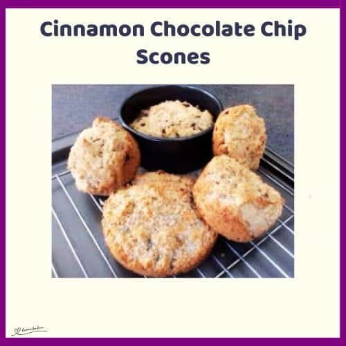 An image of Cinnamon Chocolate Chip Scones just out of the oven and cooling on a wire rack