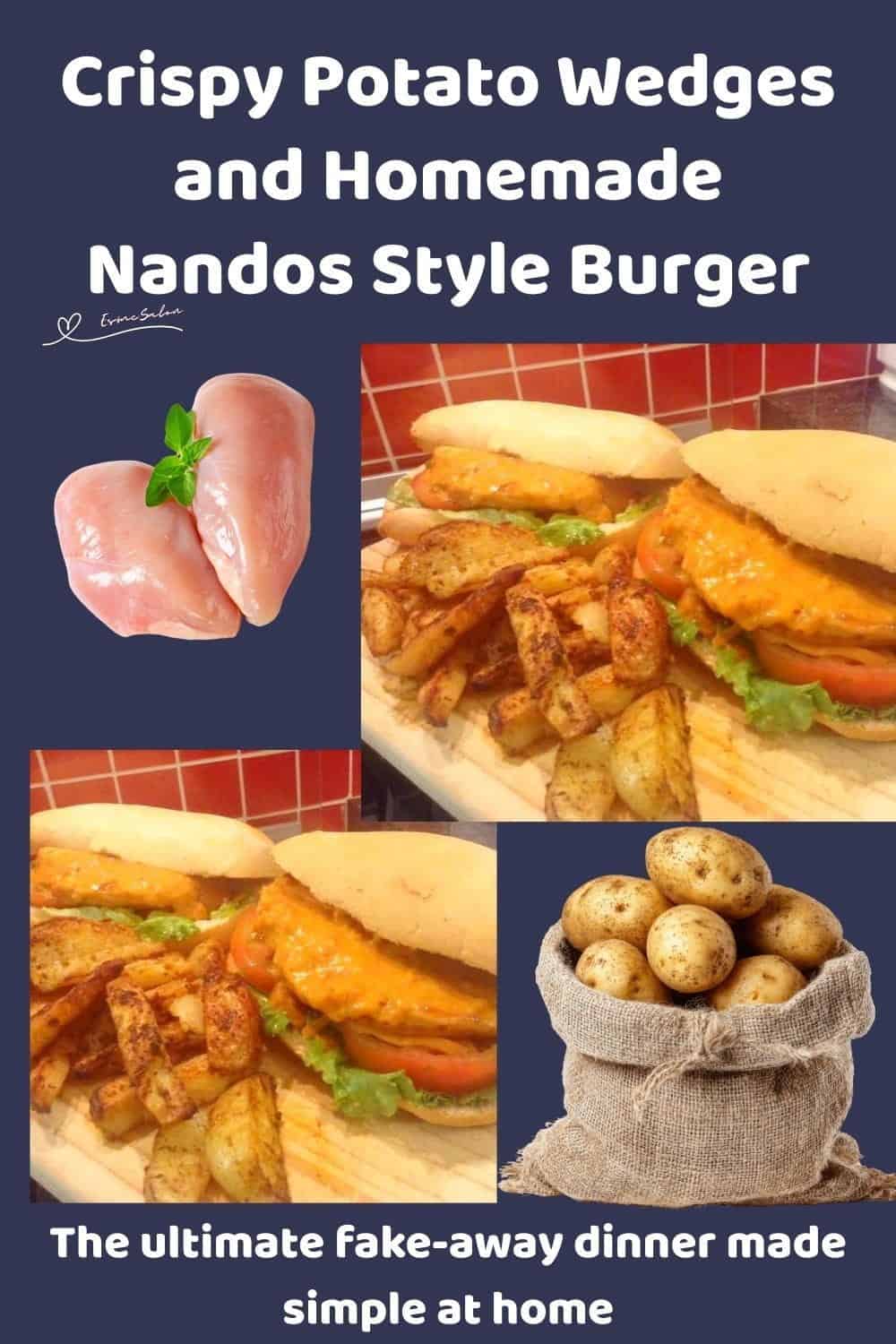 an image of Homemade Nandos Style Burger with potato wedges and sauce