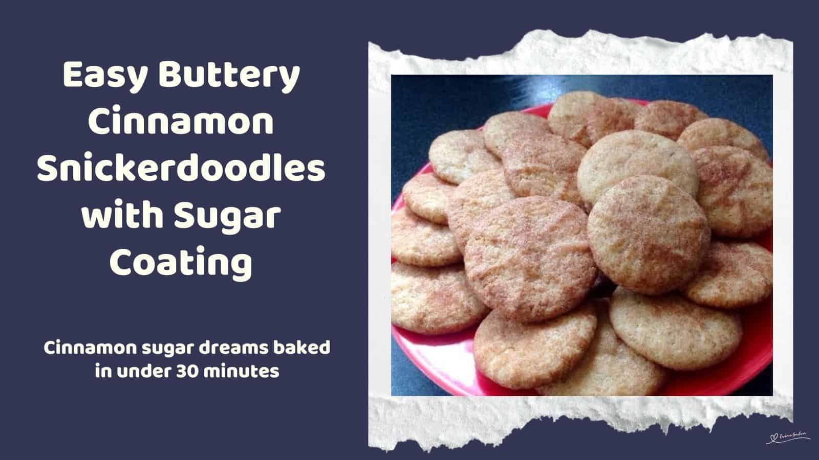 An image of a batch of round Classic Buttery Cinnamon Snickerdoodles on a red plate