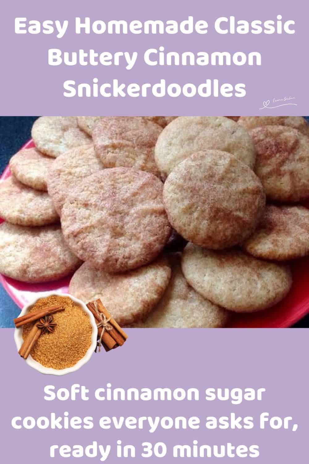 An image of a batch of round Classic Buttery Cinnamon Snickerdoodles on a red plate