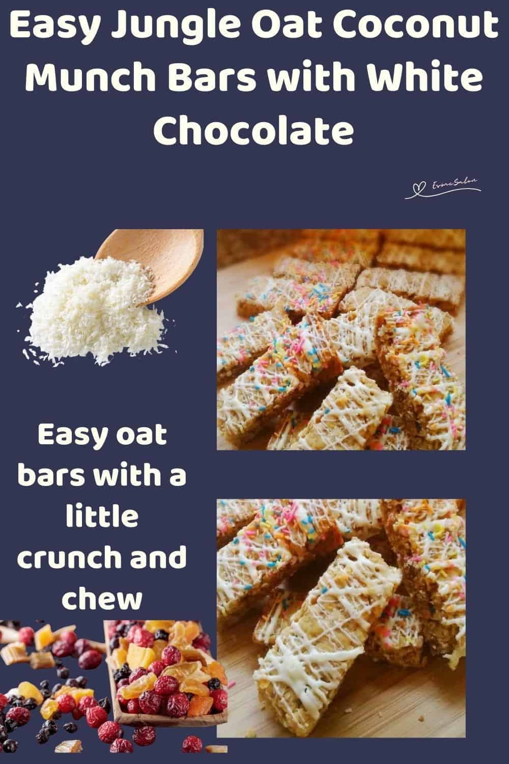 An image of a stack of Oat Coconut Munch Bars drizzled with white chocolate