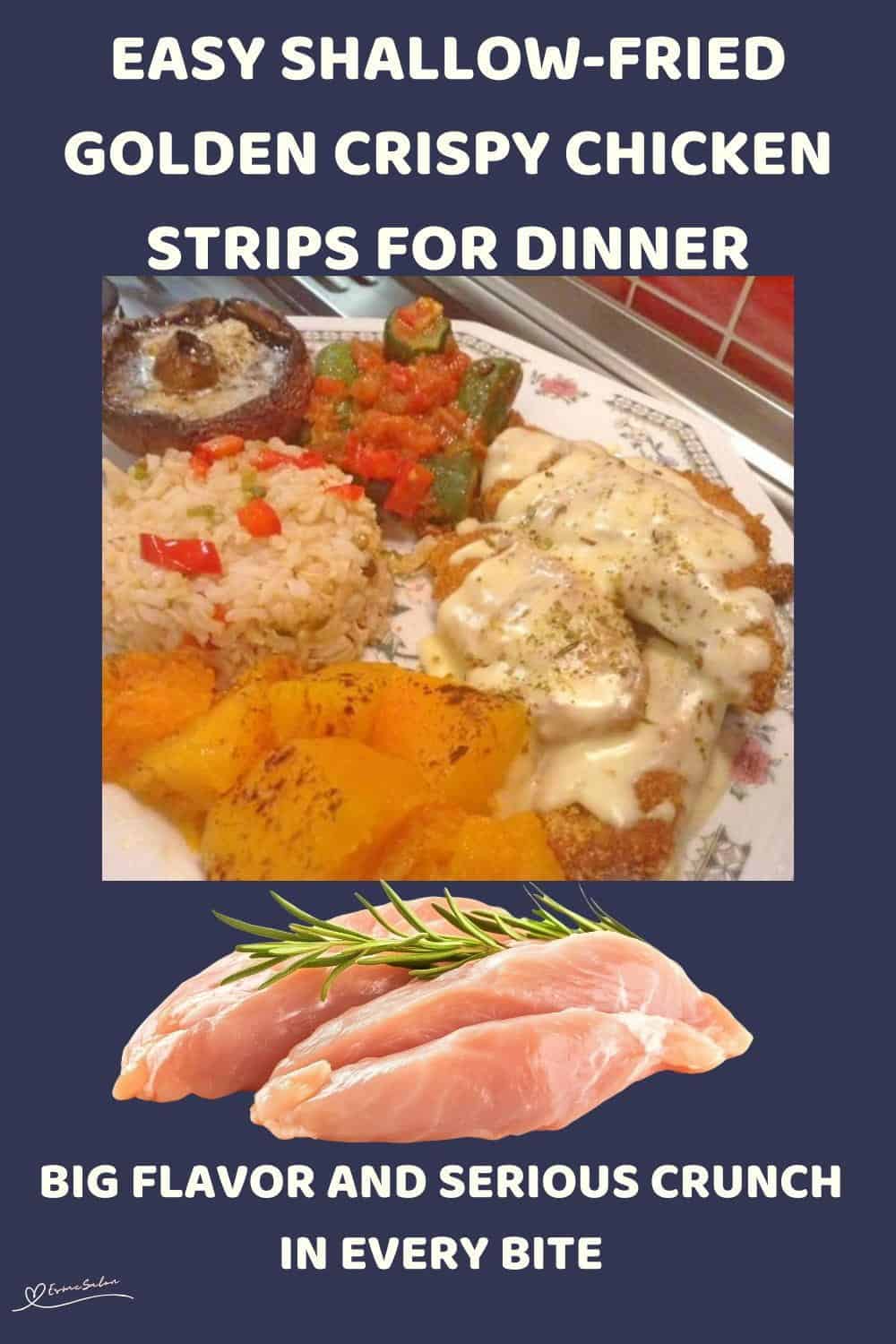 An image of a dinner plate with Golden Crunch Chicken Stripsm brown mushrooms, rice, pumpkin and greens on the side