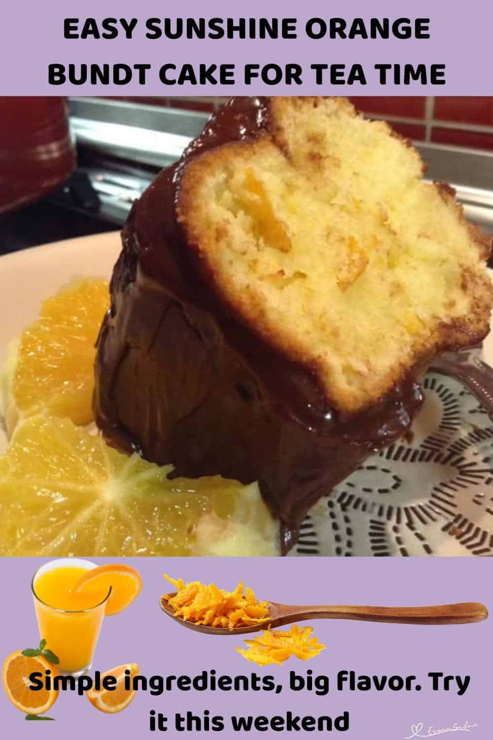 An image of a slice of Fresh Sunshine Orange Bundt with slices or orange on the side