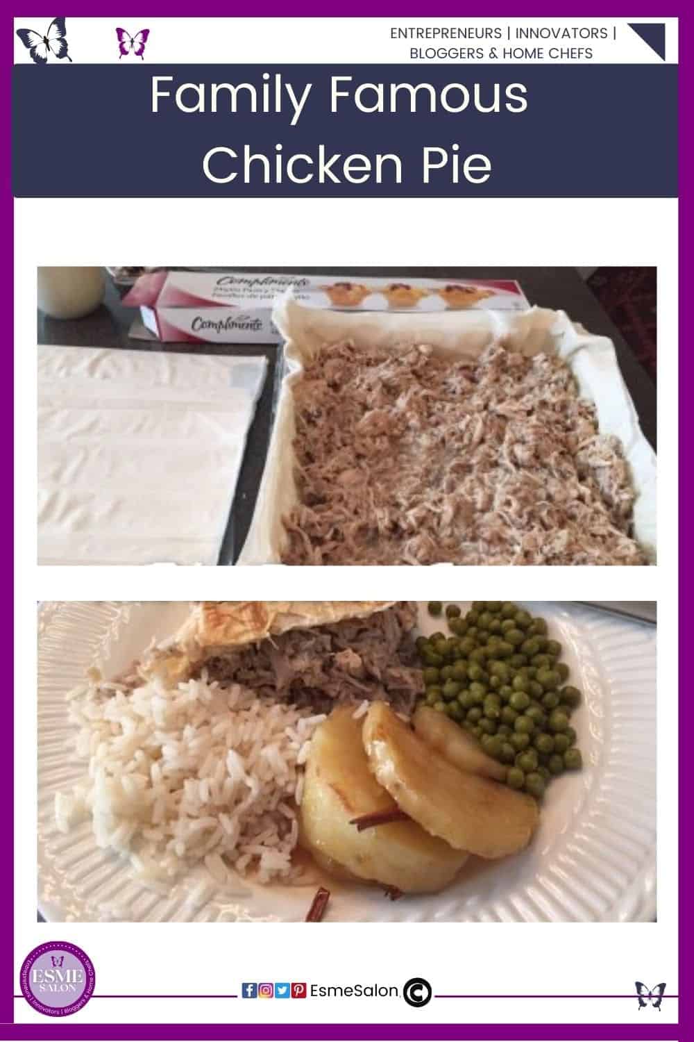 an image of a white plate with rice, potato, green peas and a wedge of Family Famous Chicken Pie