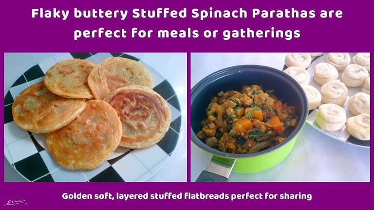 An image of Stuffed Spinach Parathas in the making, stuffing and raw dough
