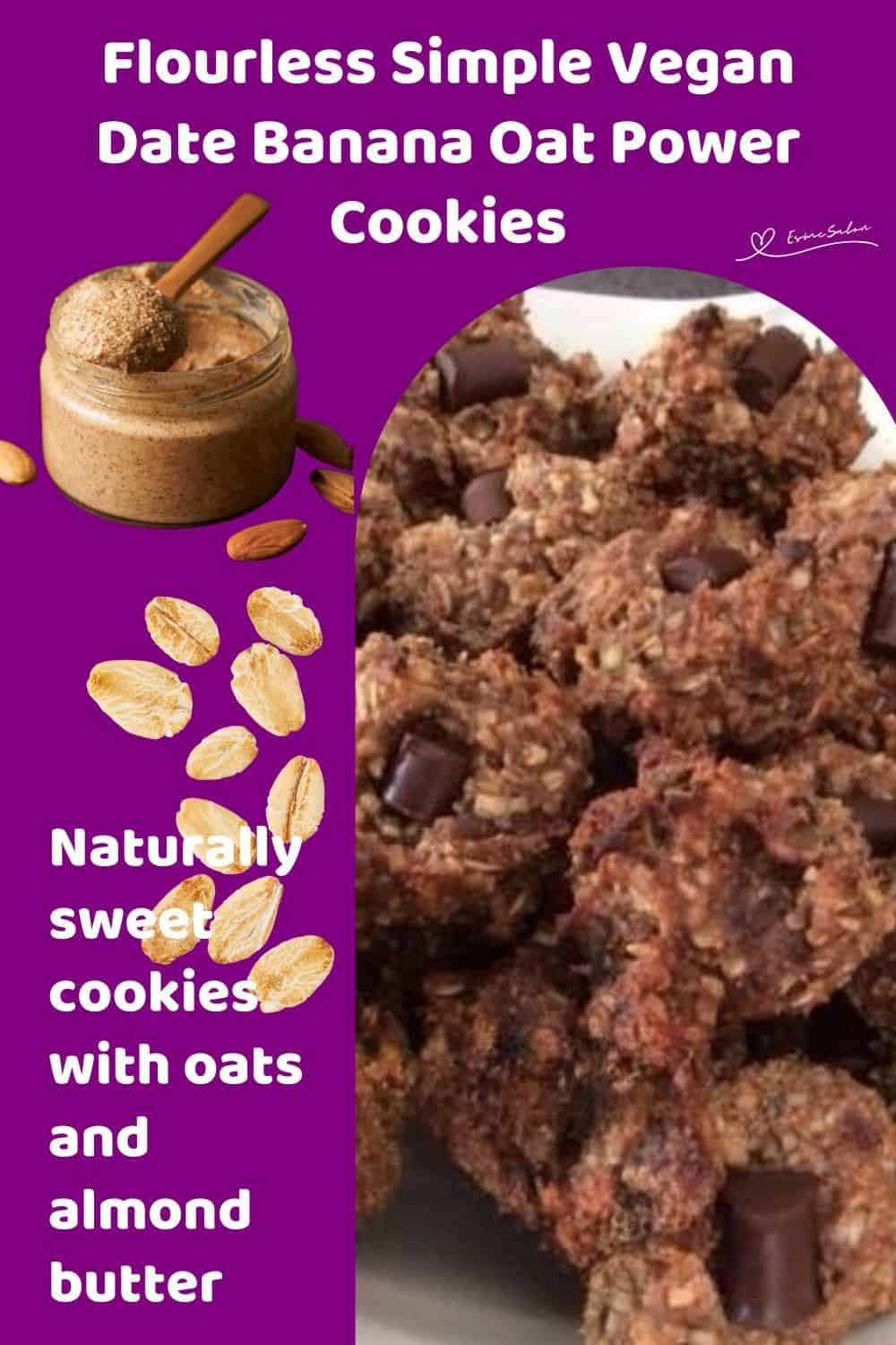 An image of a plate of Vegan Date Banana Oat Power Cookies witgh a chocolate pressed in the center