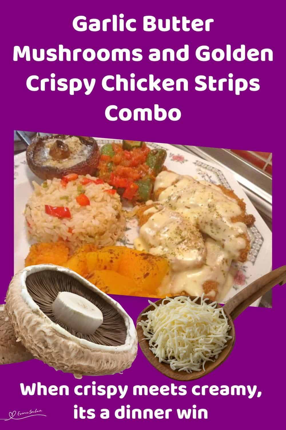 An image of a dinner plate with Golden Crunch Chicken Stripsm brown mushrooms, rice, pumpkin and greens on the side