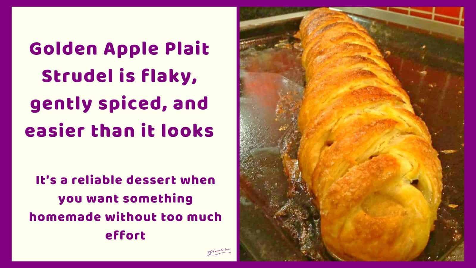 An image of a Golden Apple Plait Strudel with raisins and red apple filling