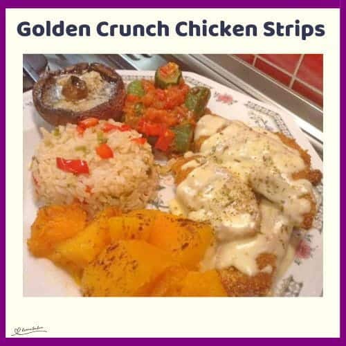 An image of a dinner plate with Golden Crunch Chicken Stripsm brown mushrooms, rice, pumpkin and greens on the side