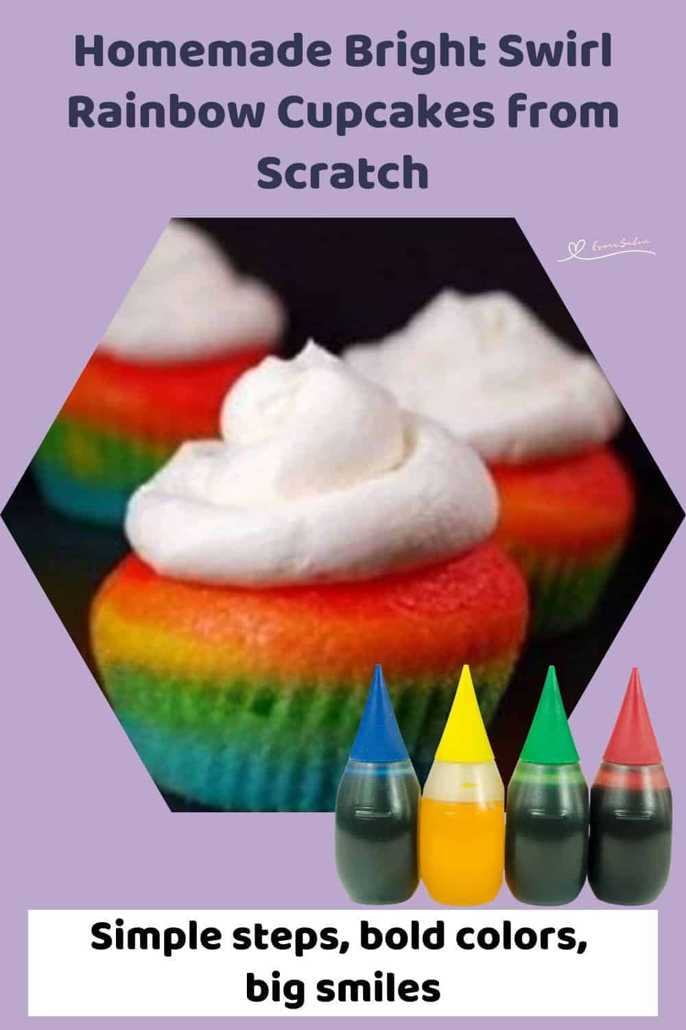 An image of 3 Bright Swirl Rainbow Cupcakes with Buttercream Frosting