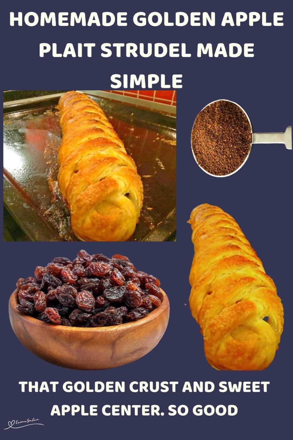 An image of a Golden Apple Plait Strudel with raisins and red apple filling