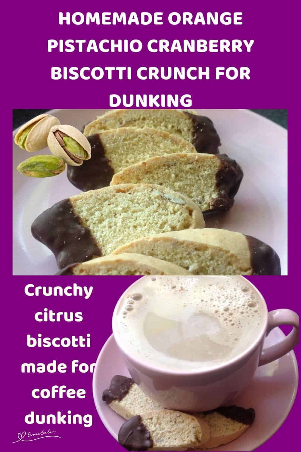 An image of slices of Crispy Orange Pistachio Cranberry Biscotti with tips dipped in chocolate