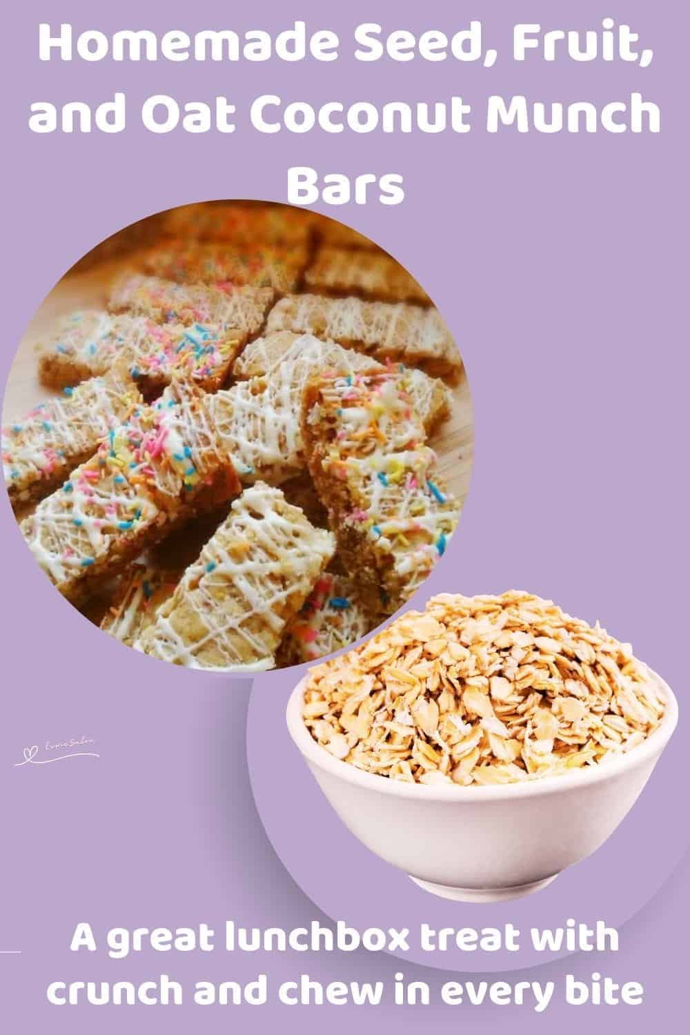 An image of a stack of Oat Coconut Munch Bars drizzled with white chocolate