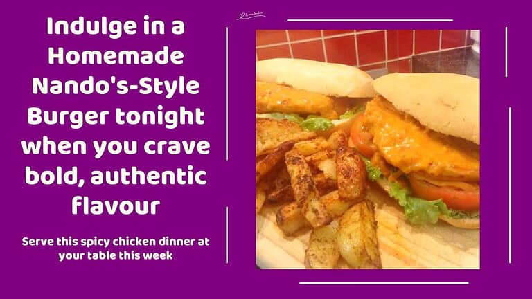 an image of Homemade Nandos Style Burger with potato wedges and sauce