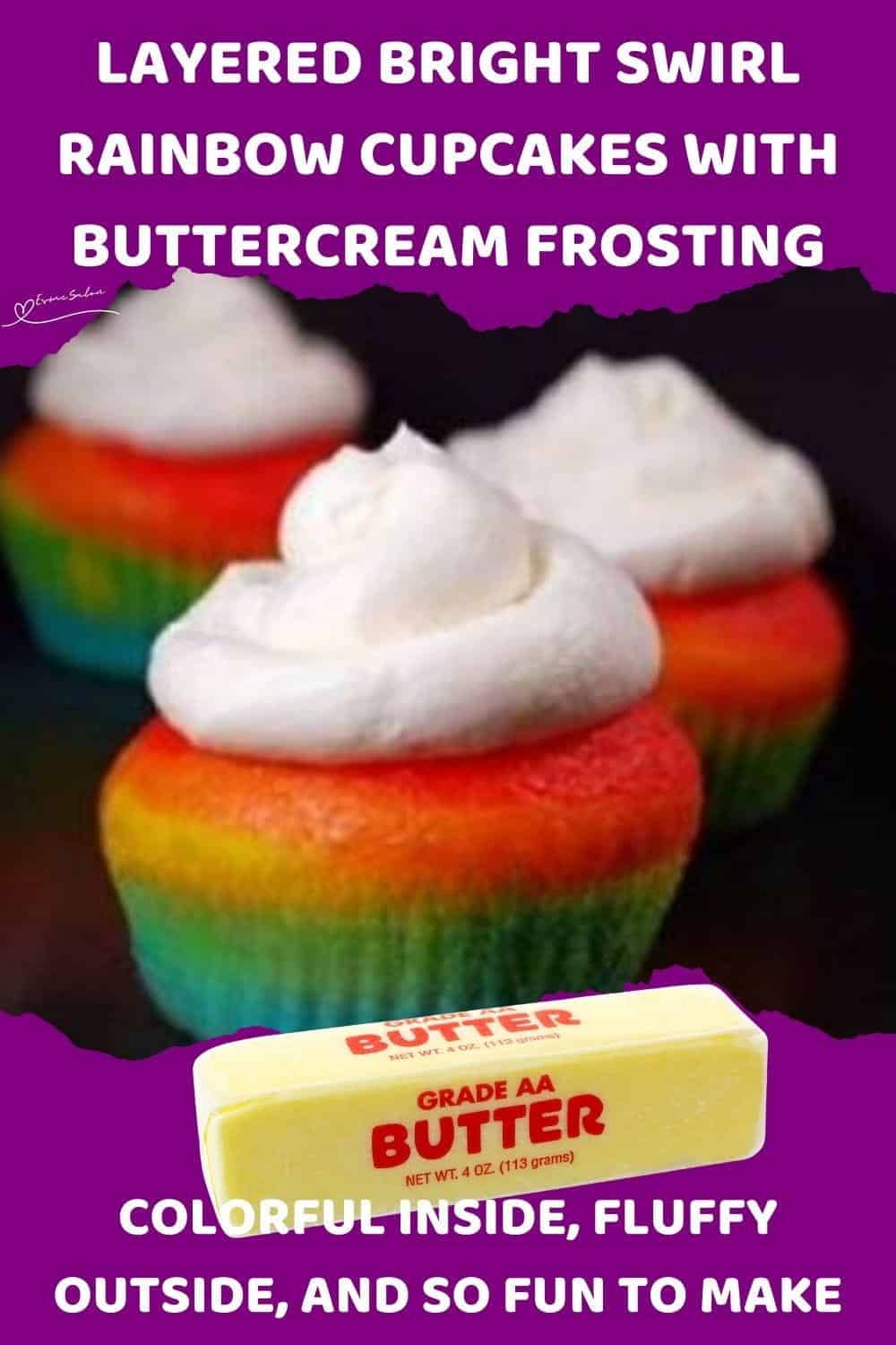 An image of 3 Bright Swirl Rainbow Cupcakes with Buttercream Frosting