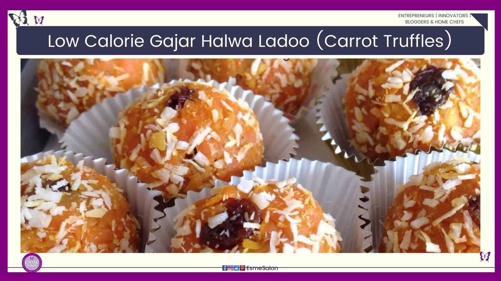 an image of balls of Gajar Halwa Ladoo (Carrot Truffles) covered in coconut