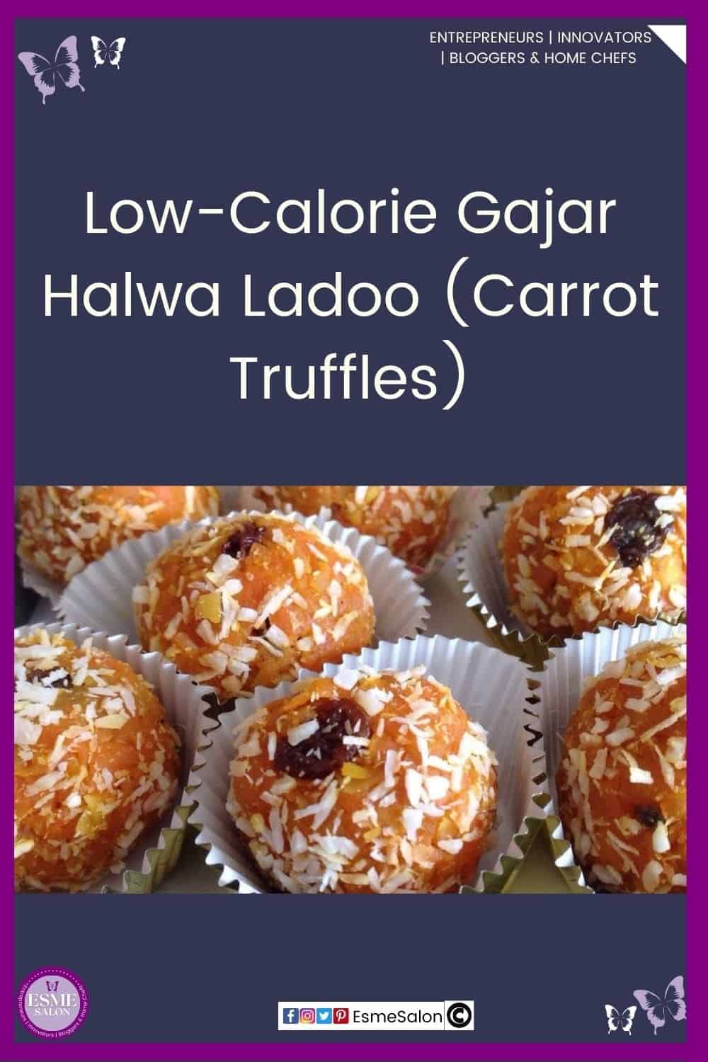 an image of balls of Gajar Halwa Ladoo (Carrot Truffles) covered in coconut