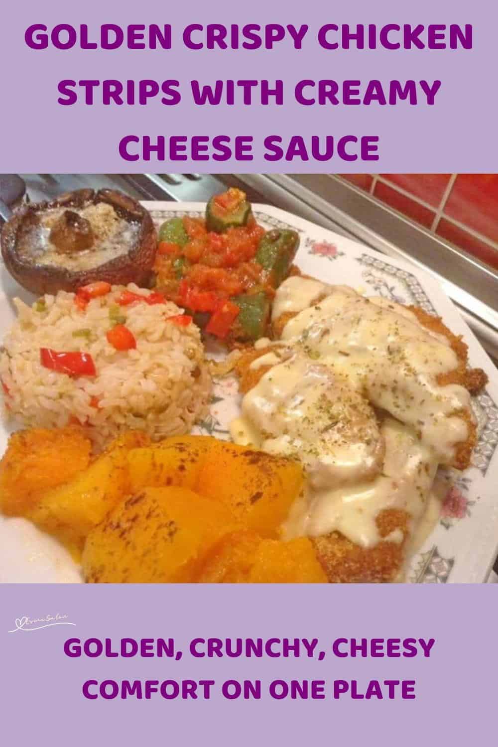 An image of a dinner plate with Golden Crunch Chicken Stripsm brown mushrooms, rice, pumpkin and greens on the side