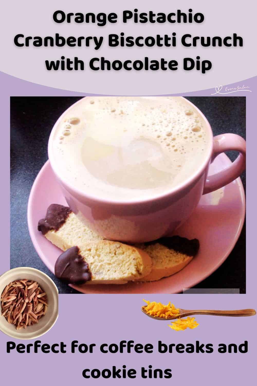 An image of slices of Crispy Orange Pistachio Cranberry Biscotti with tips dipped in chocolate